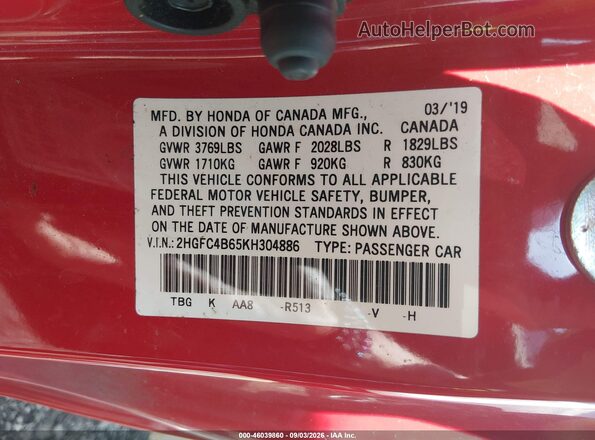 2HGFC4B65KH304886 2019 HONDA CIVIC Red Vista del compartimento del motor