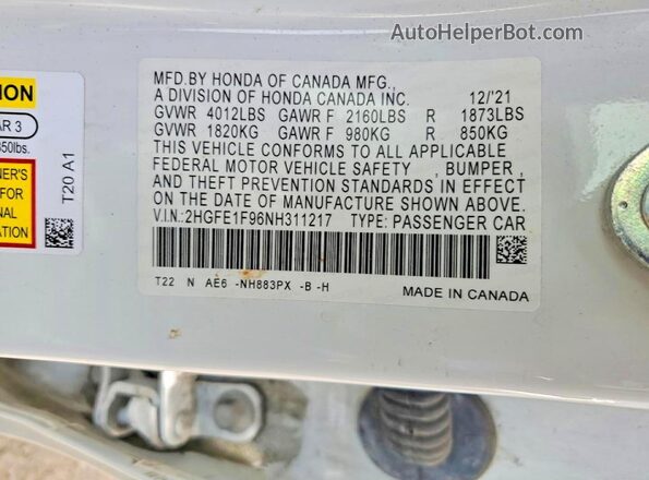 2HGFE1F96NH311217 2022 HONDA CIVIC White Engine compartment view