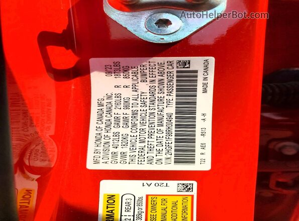 2HGFE1F98RH304940 2024 HONDA CIVIC Red Vista del compartimento del motor