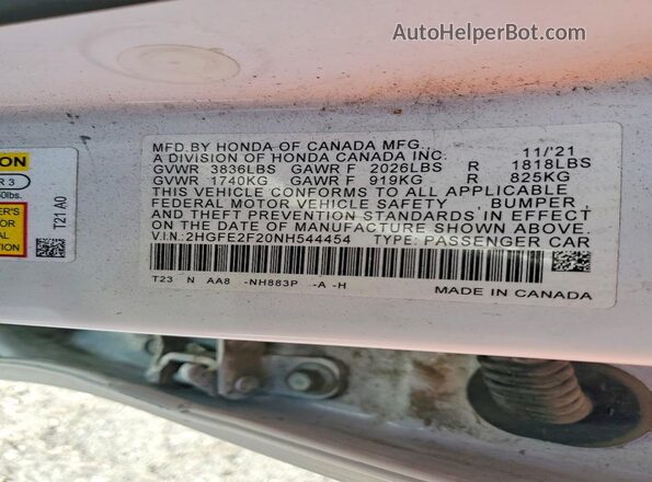 2HGFE2F20NH544454 2022 HONDA CIVIC White Շարժիչի բաժամունքի տեսք