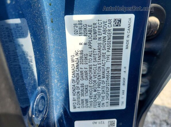 2HGFE2F23TH563478 2026 HONDA CIVIC Blue Vista del compartimento del motor
