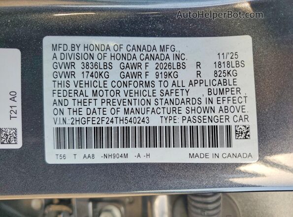 2HGFE2F24TH540243 2026 HONDA CIVIC Charcoal Շարժիչի բաժամունքի տեսք