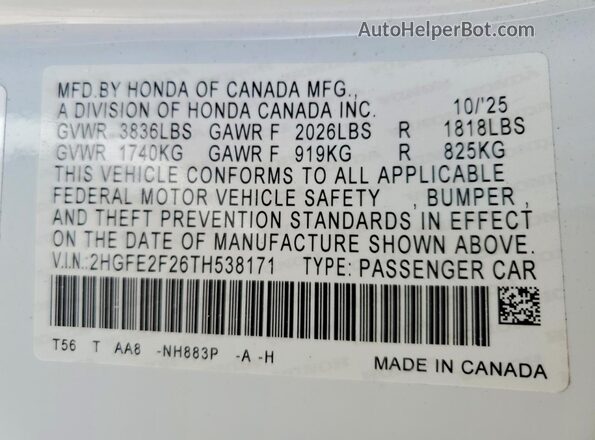 2HGFE2F26TH538171 2026 HONDA CIVIC White Widok naklejki z numerem VIN