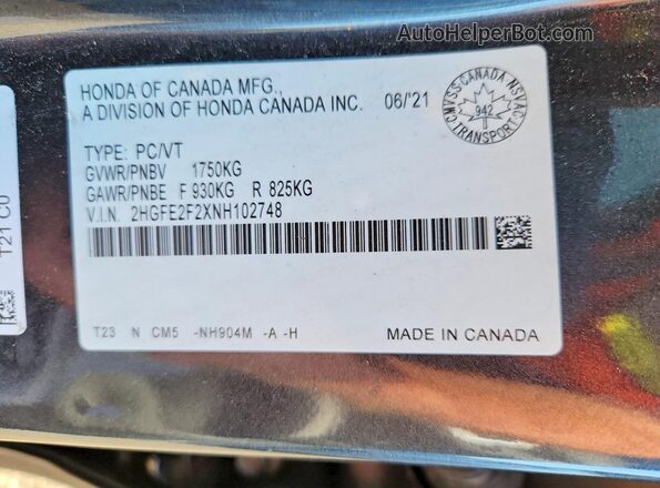 2HGFE2F2XNH102748 2022 HONDA CIVIC Серый Вид наклейки с VIN-кодом