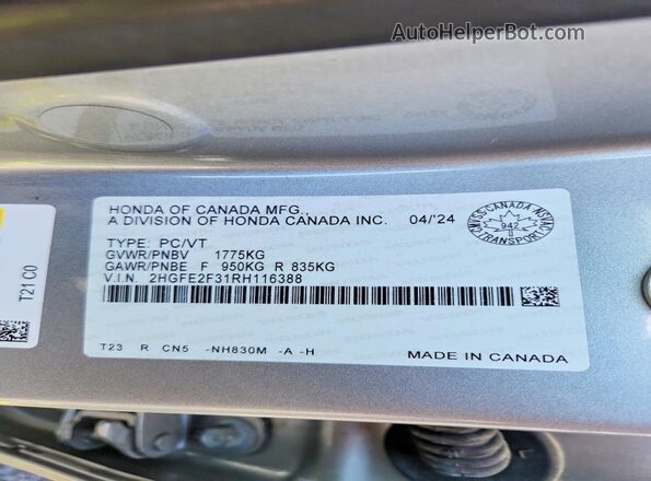 2HGFE2F31RH116388 2024 HONDA CIVIC Silver Widok komory silnika
