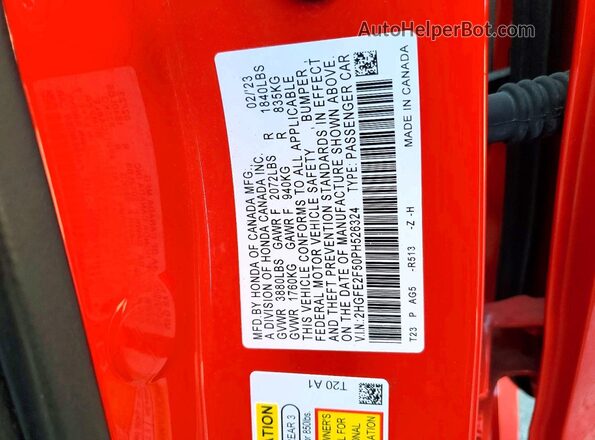 2HGFE2F50PH526324 2023 HONDA CIVIC Red Вид наклейки з VIN-кодом