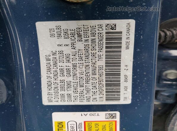 2HGFE2F50TH607883 2026 HONDA CIVIC Blue VIN კოდის სტიკერის ხედი