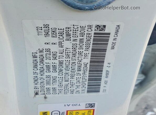 2HGFE2F51PH503442 2023 HONDA CIVIC White Vista de la etiqueta del VIN