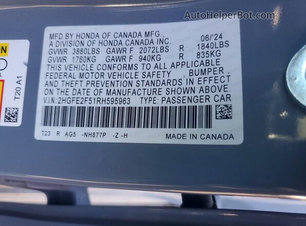 2HGFE2F51RH595963 2024 HONDA CIVIC Gray Engine compartment view