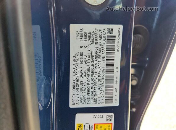 2HGFE2F52TH508921 2026 HONDA CIVIC Blue VIN sticker view