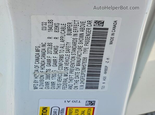 2HGFE2F53NH576356 2022 HONDA CIVIC White Widok naklejki z numerem VIN