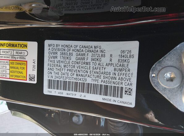 2HGFE2F53TH604329 2026 HONDA CIVIC Black Вид підкапотного простору