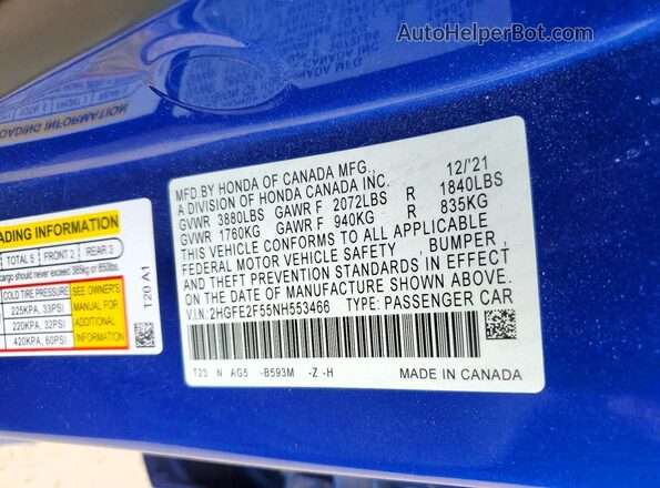 2HGFE2F55NH553466 2022 HONDA CIVIC Blue Vista de la etiqueta del VIN
