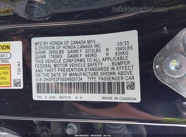 2HGFE2F55SH600734 2025 HONDA CIVIC Black ძრავის განყოფილების ხედი