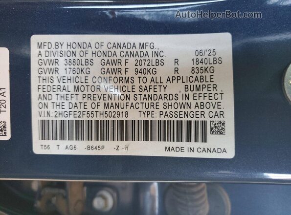 2HGFE2F55TH502918 2026 HONDA CIVIC Blue Widok naklejki z numerem VIN