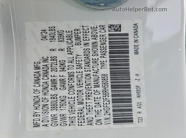 2HGFE2F56RH580858 2024 HONDA CIVIC White Vista del compartimento del motor