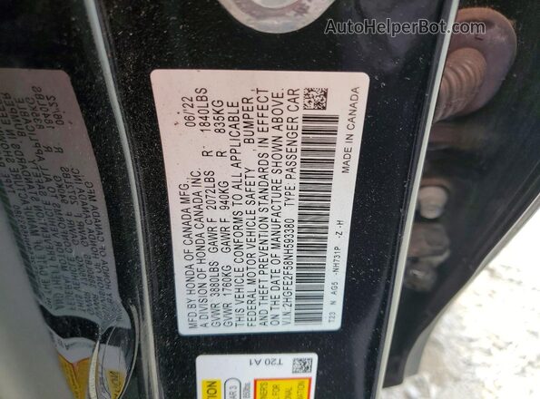 2HGFE2F58NH593380 2022 HONDA CIVIC Black VIN კოდის სტიკერის ხედი
