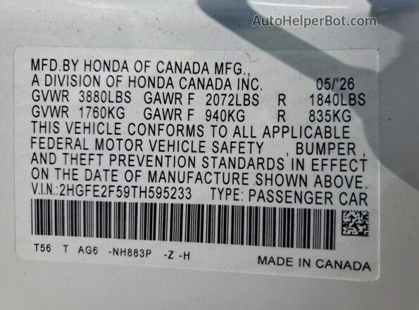 2HGFE2F59TH595233 2026 HONDA CIVIC White Vista del compartimento del motor