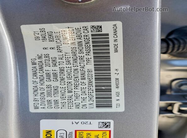 2HGFE2F5XNH533181 2022 HONDA CIVIC Silver VIN կոդի պիտակի տեսք