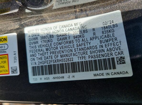 2HGFE2F5XRH552822 2024 HONDA CIVIC Gray Widok komory silnika