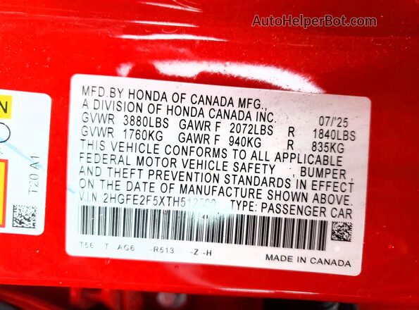 2HGFE2F5XTH512599 2026 HONDA CIVIC Red Engine compartment view