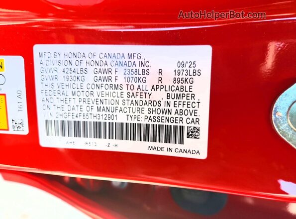 2HGFE4F85TH312901 2026 HONDA CIVIC Red Вид наклейки з VIN-кодом