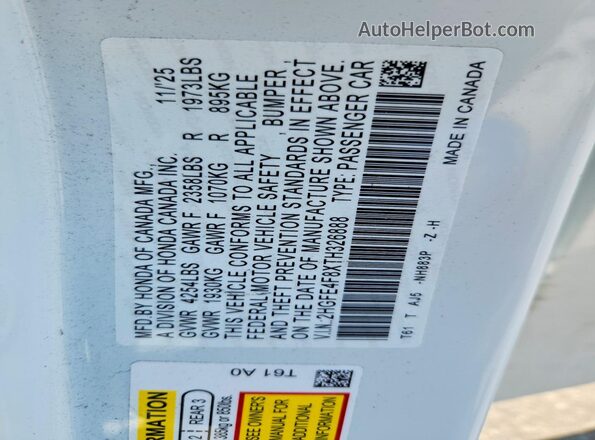 2HGFE4F8XTH326888 2026 HONDA CIVIC White Engine compartment view