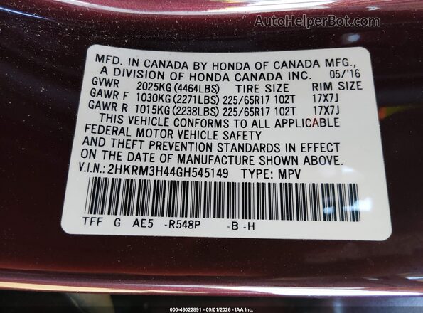 2HKRM3H44GH545149 2016 HONDA CR-V Темно-бордовый Вид подкапотного пространства