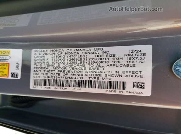 2HKRS3H77SH324783 2025 HONDA CR-V Gray VIN sticker view