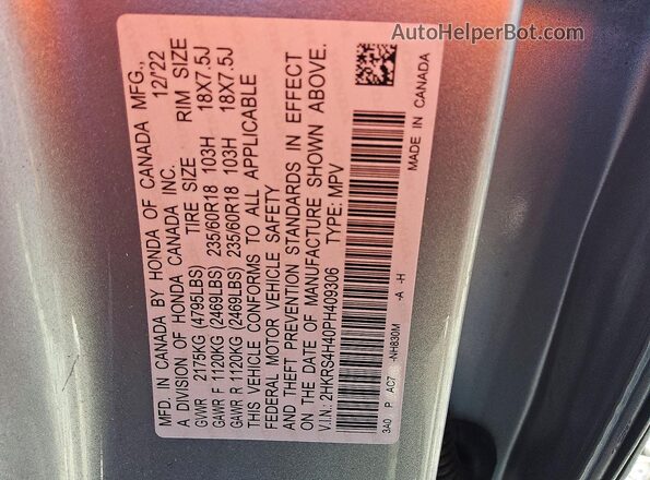 2HKRS4H40PH409306 2023 HONDA CR-V Серебряный Вид наклейки с VIN-кодом