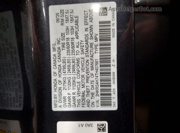 2HKRS4H74TH407661 2026 HONDA CR-V Blue Vista de la etiqueta del VIN