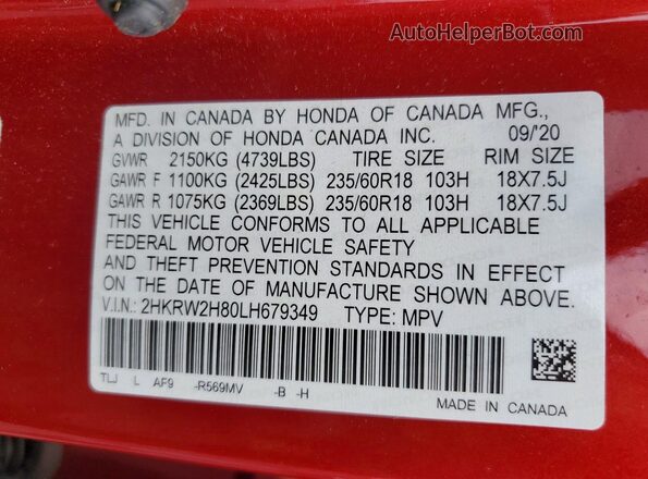 2HKRW2H80LH679349 2020 HONDA CR-V Red Панорамний вид салону 360°