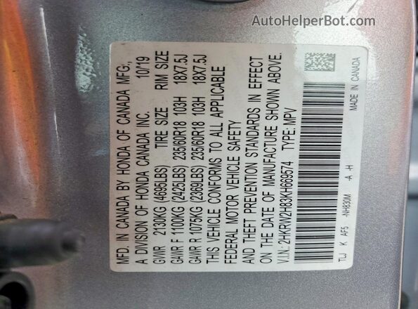 2HKRW2H83KH669574 2019 HONDA CR-V Silver Widok wnętrza 360 stopni