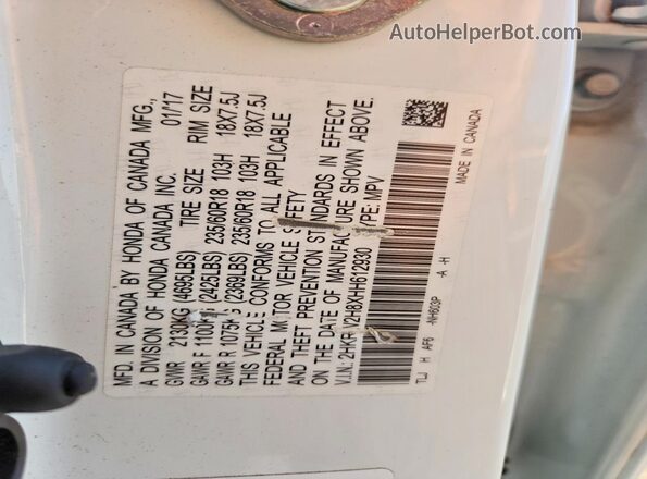 2HKRW2H8XHH612930 2017 HONDA CR-V White Widok naklejki z numerem VIN
