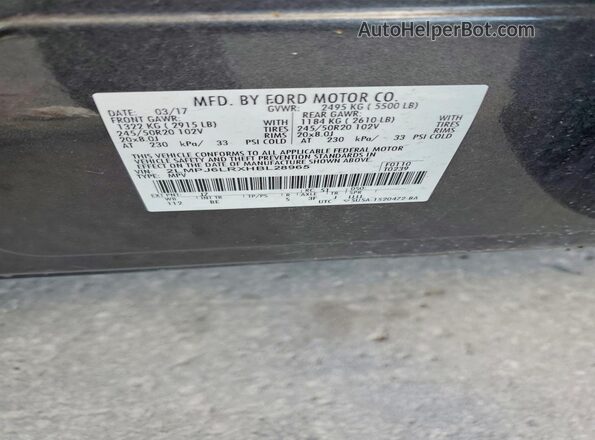 2LMPJ6LRXHBL28965 2017 LINCOLN MKX Charcoal VIN sticker view