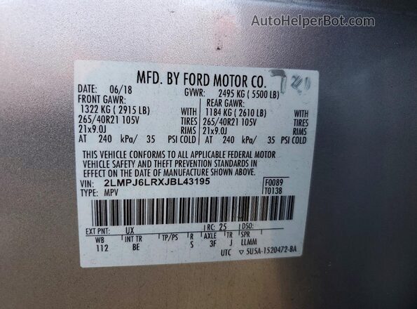 2LMPJ6LRXJBL43195 2018 LINCOLN MKX Silver VIN sticker view