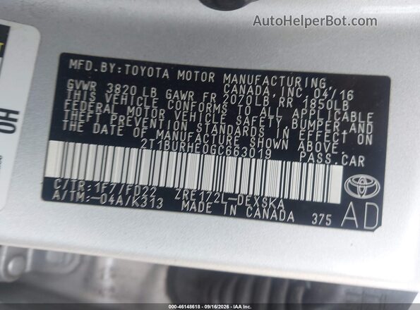 2T1BURHE0GC663019 2016 TOYOTA COROLLA Silver ძრავის განყოფილების ხედი