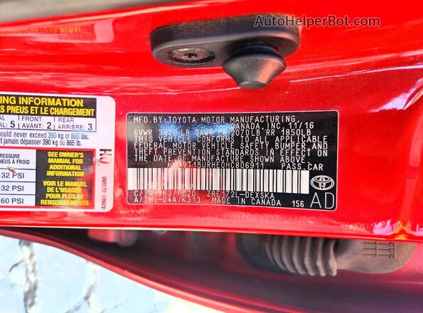 2T1BURHE0HC806911 2017 TOYOTA COROLLA Red VIN sticker view
