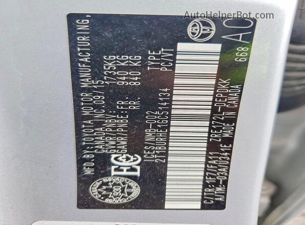 2T1BURHE1GC514134 2016 TOYOTA COROLLA Silver VIN კოდის სტიკერის ხედი