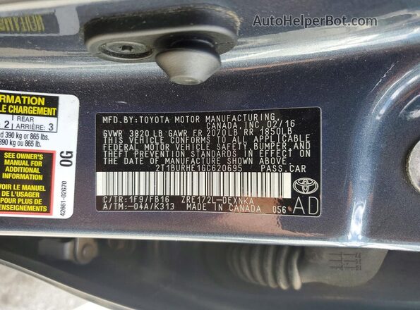 2T1BURHE1GC620695 2016 TOYOTA COROLLA Blue ძრავის განყოფილების ხედი