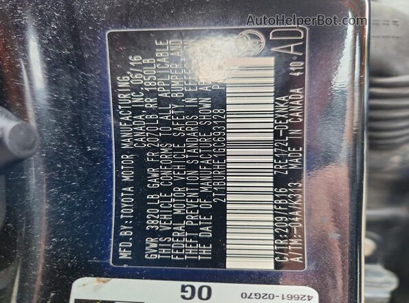 2T1BURHE1GC693128 2016 TOYOTA COROLLA Black VIN კოდის სტიკერის ხედი