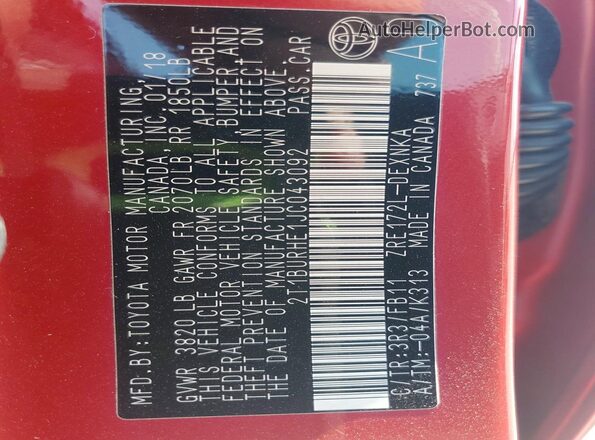 2T1BURHE1JC043092 2018 TOYOTA COROLLA Red Widok komory silnika