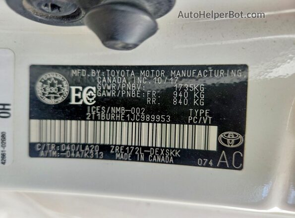2T1BURHE1JC989953 2018 TOYOTA COROLLA Белый Вид подкапотного пространства