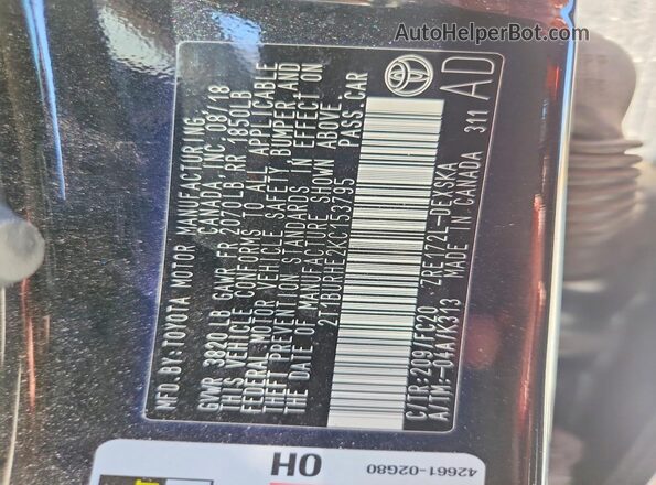 2T1BURHE2KC153795 2019 TOYOTA COROLLA Black Вид підкапотного простору