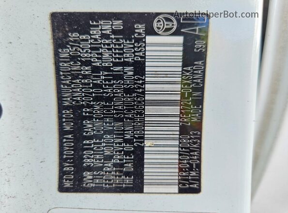 2T1BURHE3GC674242 2016 TOYOTA COROLLA Белый Вид наклейки с VIN-кодом