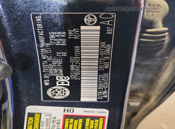 2T1BURHE3HC812668 2017 TOYOTA COROLLA Black VIN sticker view