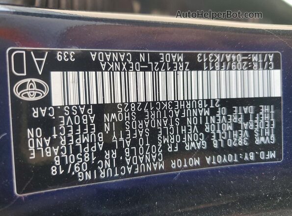 2T1BURHE3KC172825 2019 TOYOTA COROLLA Black Vista de la etiqueta del VIN
