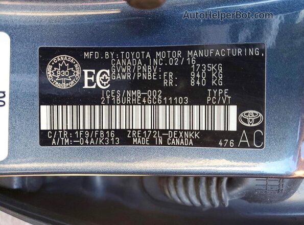 2T1BURHE4GC611103 2016 TOYOTA COROLLA Gray Vista del compartimento del motor