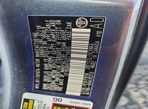 2T1BURHE5GC718905 2016 TOYOTA COROLLA Charcoal Vista de la etiqueta del VIN