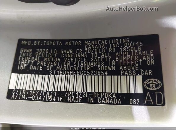 2T1BURHE6GC523654 2016 TOYOTA COROLLA Silver Vista del compartimento del motor
